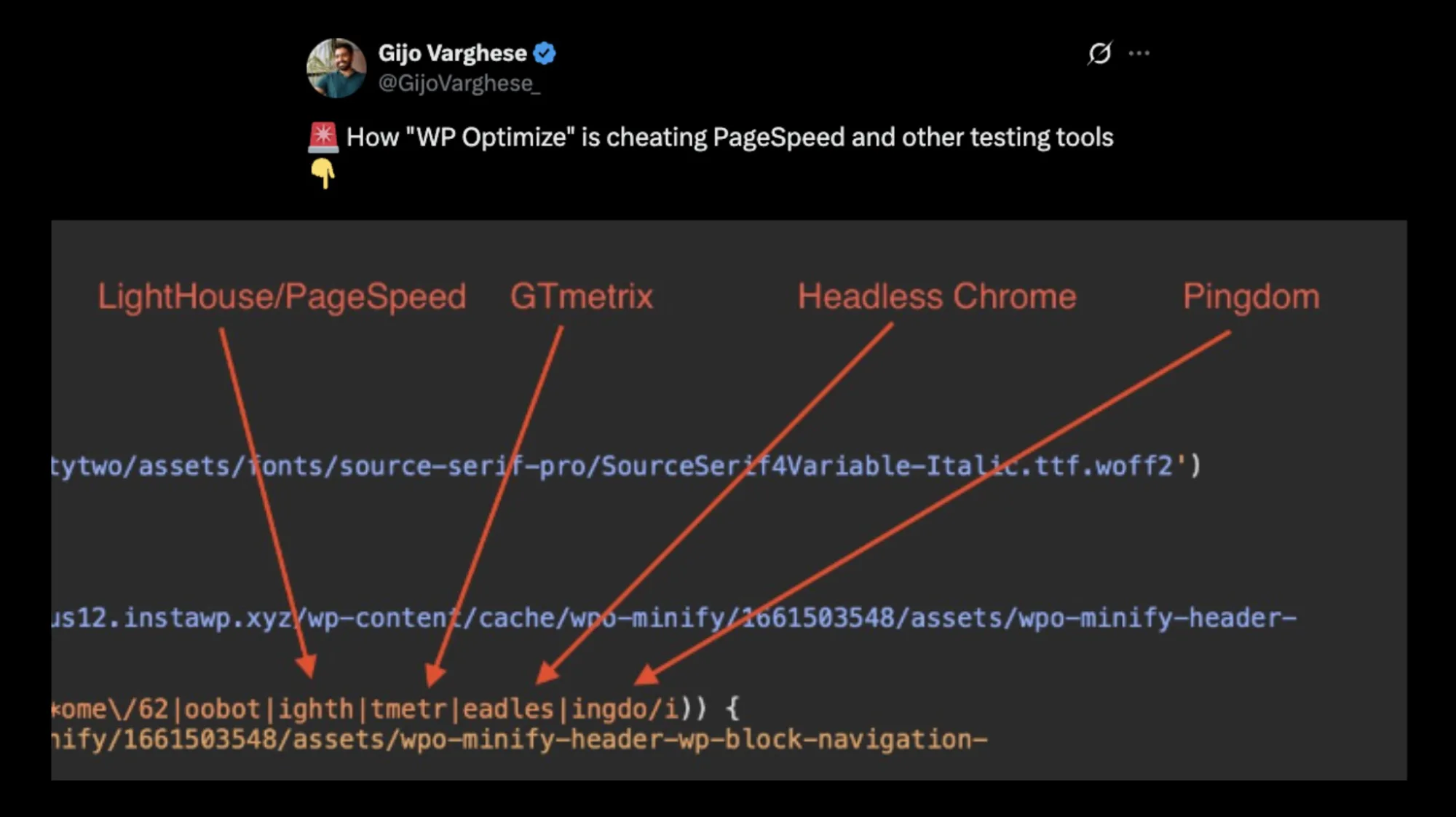 Gijo Varghese's tweet on testing tool detection in WP-Optimize
