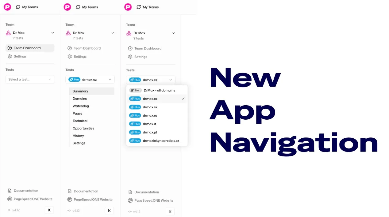 Nová navigace v aplikaci PageSpeed.ONE
