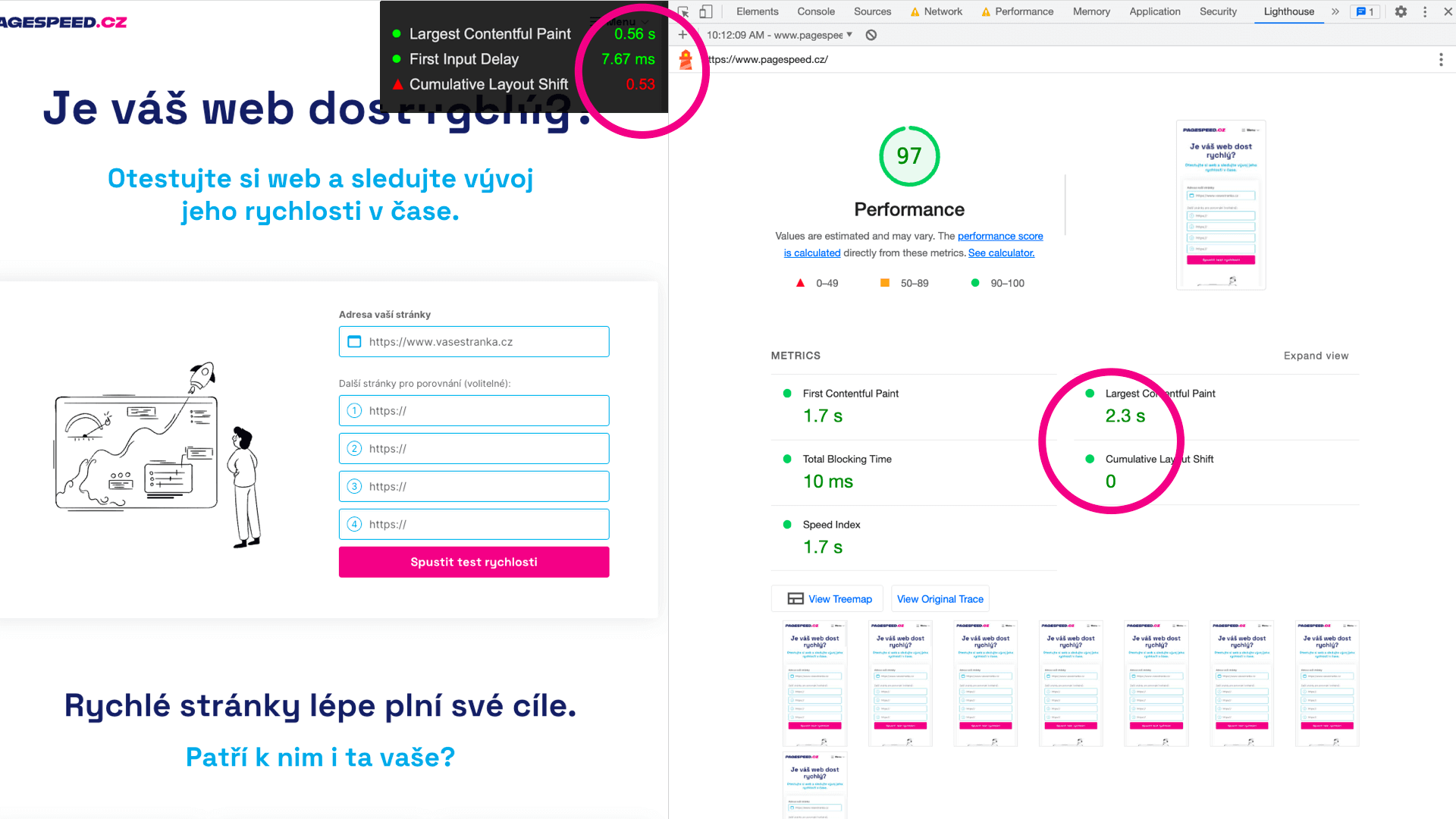 Web Vitals overlay. Čísla od uživatele vypadají jinak než ty z Lighthouse.